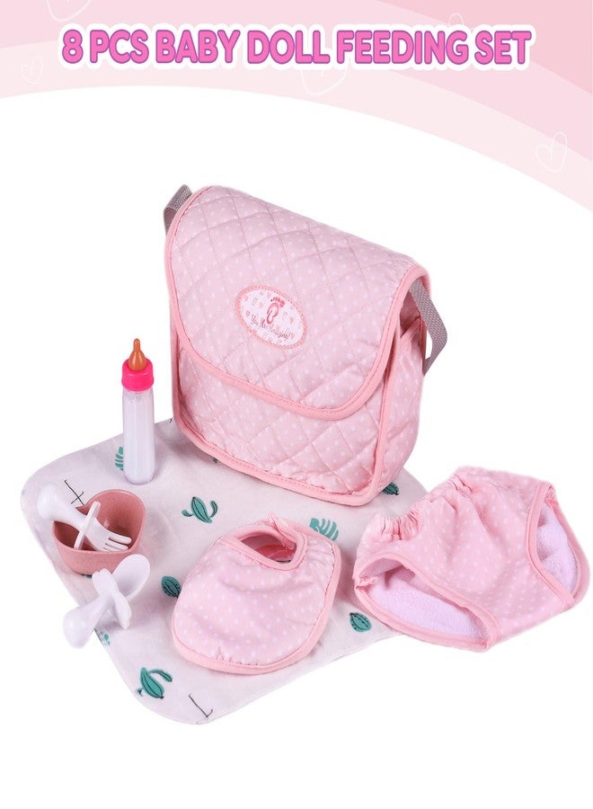 BABESIDE 8 Pcs Baby Doll Diaper Bag Set for 17-22 inch Dolls, Baby Doll Feeding Accessories with Disappearing Milk Toy Baby Bottle and Spoon Fork Bowl for Pretend Play Toys, Pink - Image 3